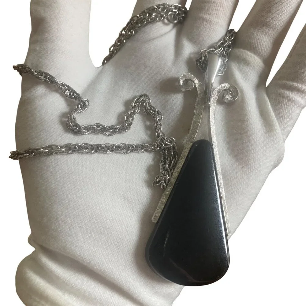 Vintage Avon Black Silver Tone Pendant Necklace Mod Mid Century Modern Statement